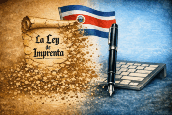 Parchment with "La Ley de Imprenta" inscribed on it and the other half of the screen is a keyboard with a pen on it