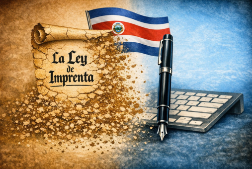 Parchment with "La Ley de Imprenta" inscribed on it and the other half of the screen is a keyboard with a pen on it