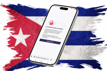 Flag of Cuba behind a cellphone with a page inaccesible message on it