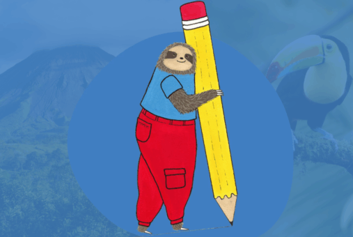 "Luz", mascot of Costa Rican media outlet El Colectivo 506 with a background of a volcano and a toucan.