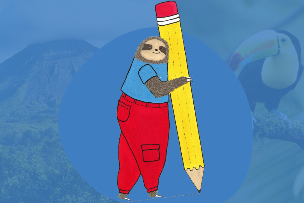 "Luz", mascot of Costa Rican media outlet El Colectivo 506 with a background of a volcano and a toucan.