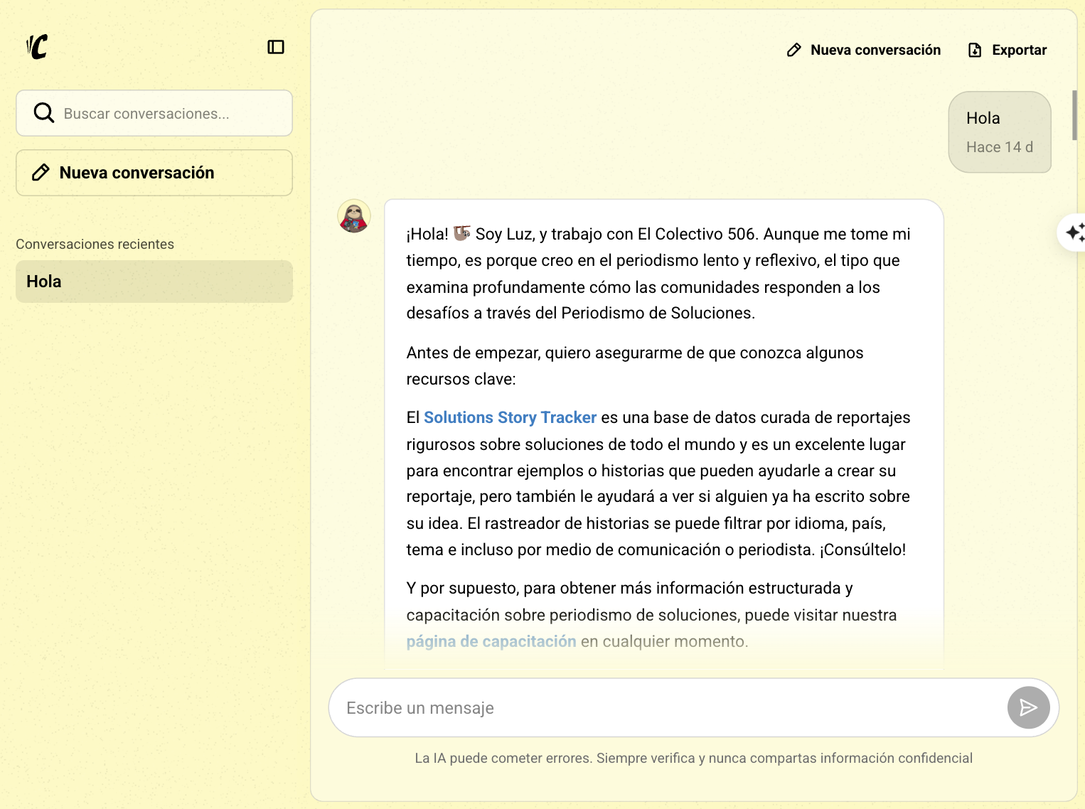 Screenshot of the chatbot Luz, by Costa Rican media outlet El Colectivo 506.