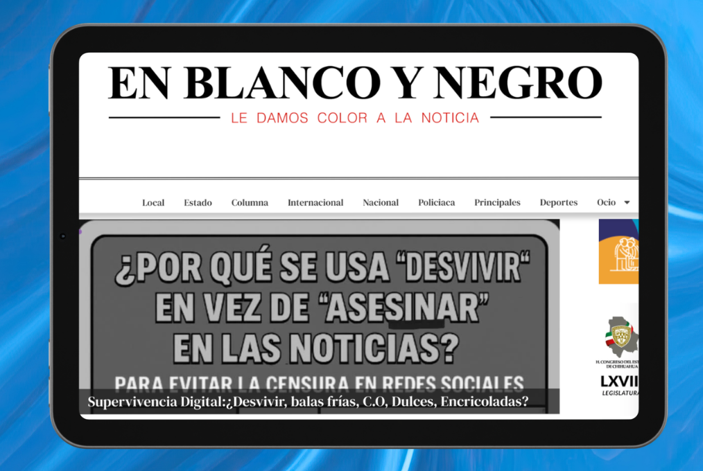 Captura de pantalla del encabezado de un artículo en el sitio web del medio mexicano En Blanco y Negro.
