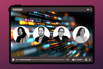 Headshots of journalists Claudia Báez, José Nieves, Gisella Salmon and Federica Ham with a technological background.