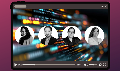 Headshots of journalists Claudia Báez, José Nieves, Gisella Salmon and Federica Ham with a technological background.