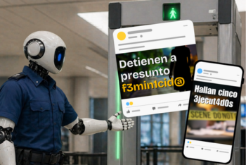 Robot en uniforme de guardia de indica avanzar mientras dispositivos móviles atraviesan el arco de rayos X.