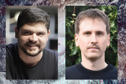Headshots of Brazilian journalist Daniel Nardin and Argentine journalist Fermin Koop over a background of a satellite image of a hurricane.